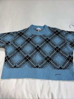 Ganni Blue and Black Argyle Crewneck Sweater
